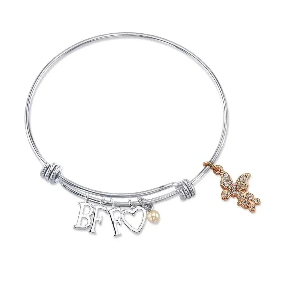 Best Friends  Zirconia Butterfly Adjustable Bangle Stainless Steel Bracelet NWT